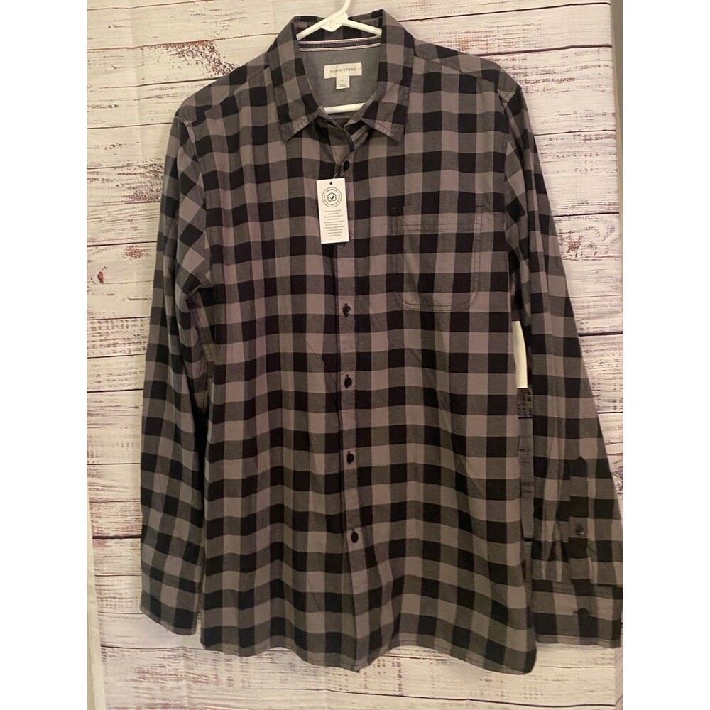 NEW Sun + Stone Men's Cotton Flannel Plaid Button-Up Shirt Titanium grey Large